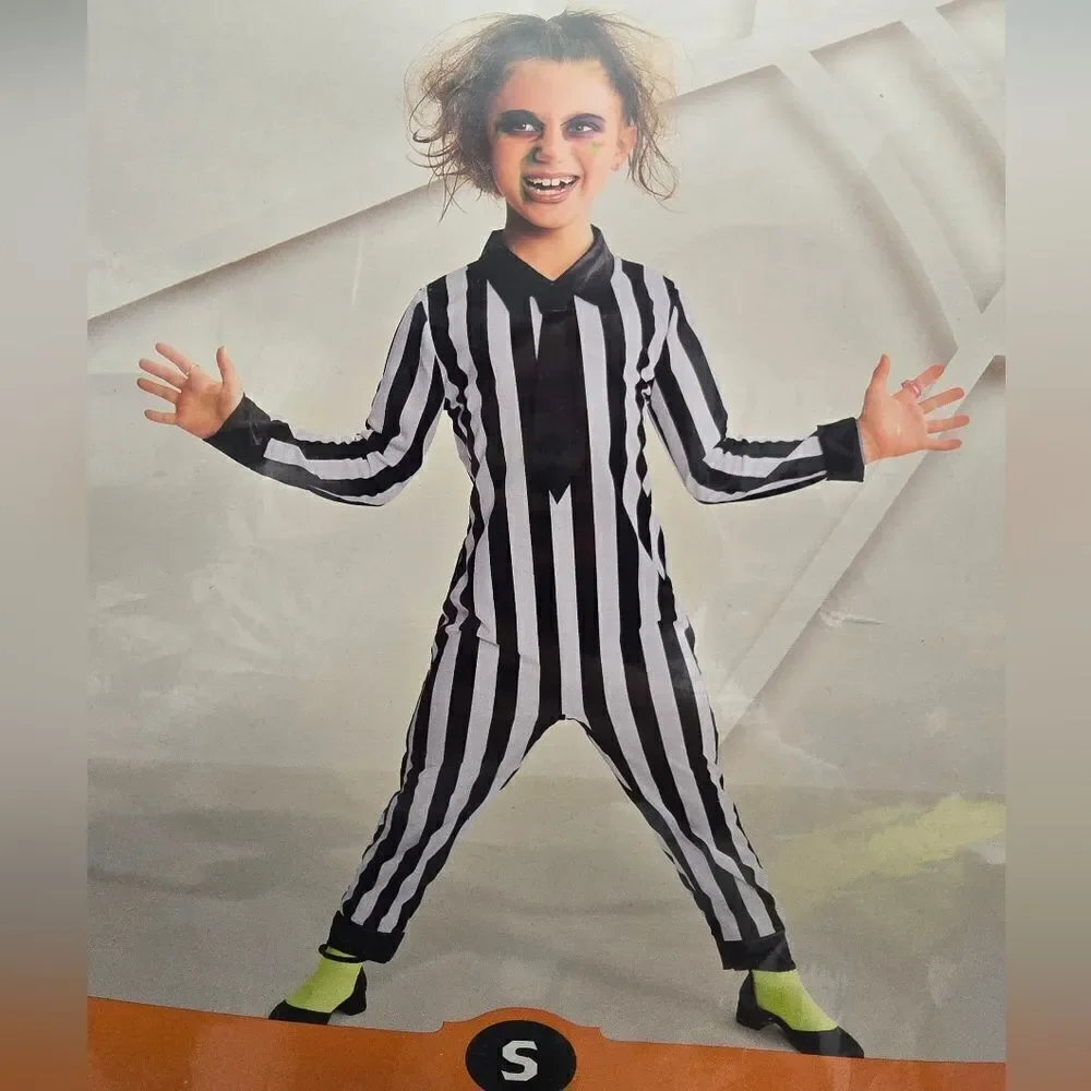 New Unisex Kid's boy / girl Beetlejuice Stripe Jumpsuit Halloween Costume